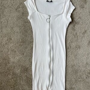 Women’s White Ribbed Dress with Zipper Detail